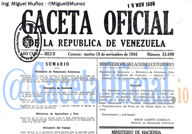 Gaceta Oficial 33600 del 18 Noviembre 1986