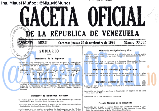 Gaceta Oficial 33602 del 20 Noviembre 1986