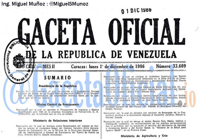 Gaceta Oficial 33609 del 1 Diciembre 1986