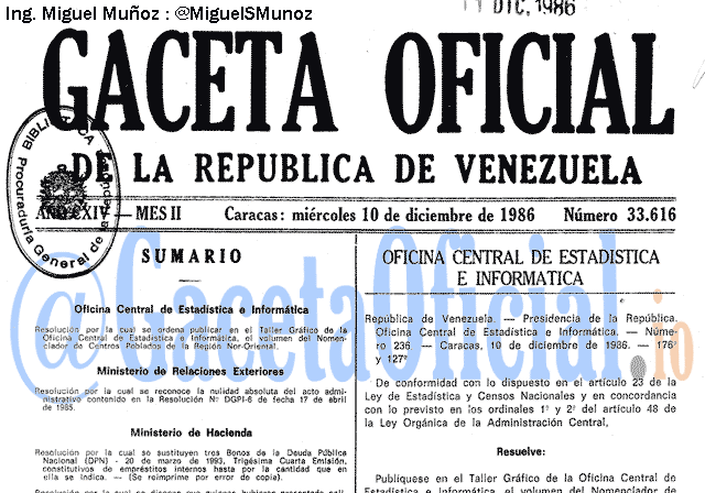 Gaceta Oficial 33616 del 10 Diciembre 1986