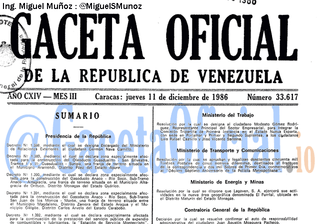 Gaceta Oficial 33617 del 11 Diciembre 1986