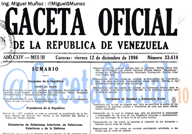 Gaceta Oficial 33618 del 12 Diciembre 1986
