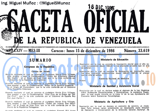 Gaceta Oficial 33619 del 15 Diciembre 1986