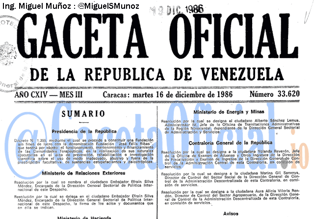 Gaceta Oficial 33620 del 16 Diciembre 1986