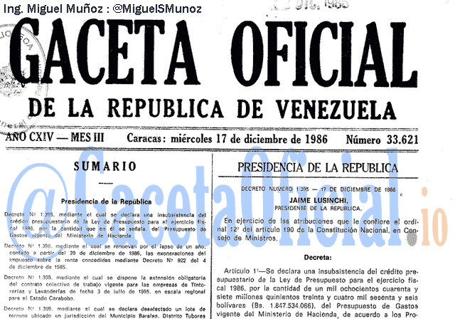 Gaceta Oficial 33621 del 17 Diciembre 1986