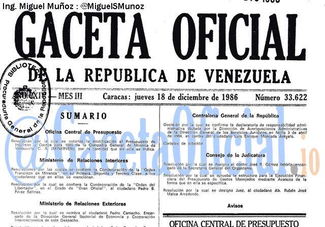 Gaceta Oficial 33622 del 18 Diciembre 1986