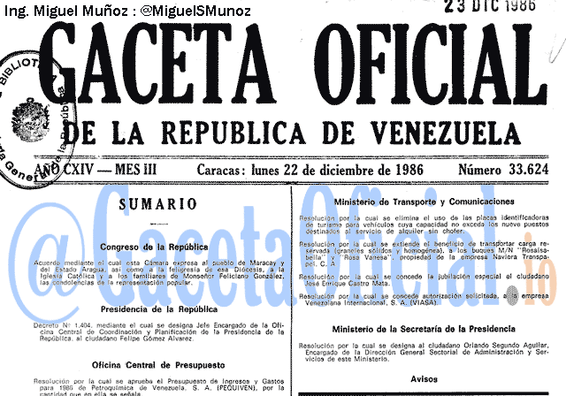 Gaceta Oficial 33624 del 22 Diciembre 1986