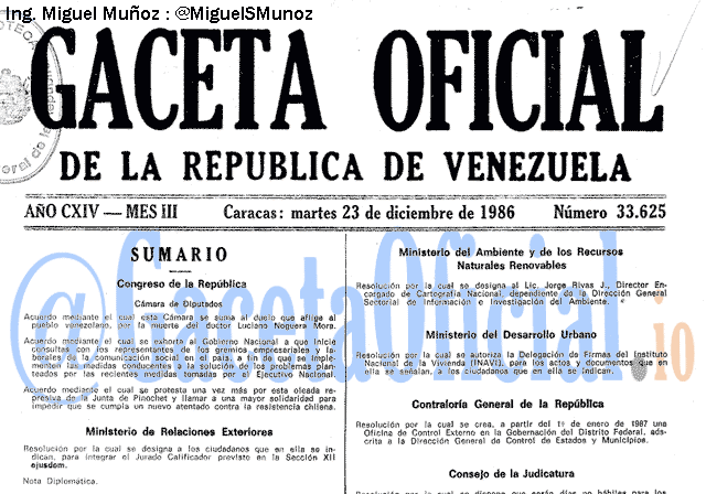 Gaceta Oficial 33625 del 23 Diciembre 1986