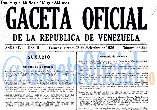 Gaceta Oficial 33626 del 26 Diciembre 1986