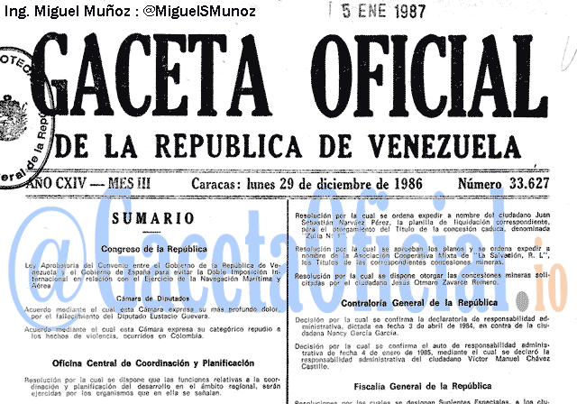 Gaceta Oficial 33627 del 29 Diciembre 1986