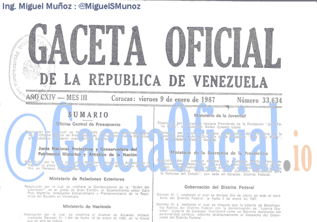 Gaceta Oficial 33634 del 9 Enero 1987