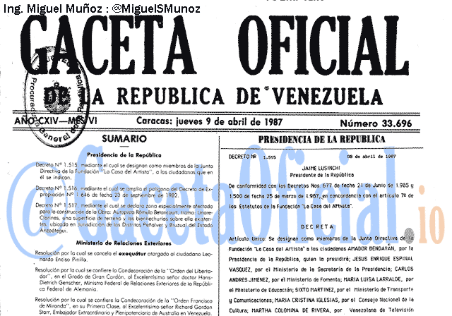 Gaceta Oficial 33696 del 9 Abril 1987