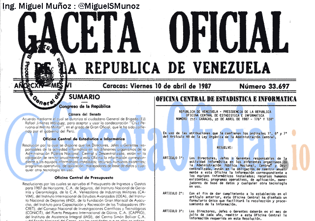 Gaceta Oficial 33697 del 10 Abril 1987