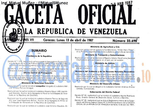Gaceta Oficial 33698 del 13 Abril 1987