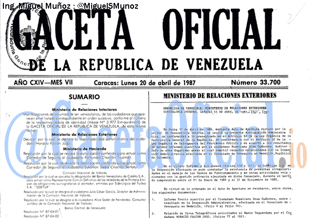 Gaceta Oficial 33700 del 20 Abril 1987