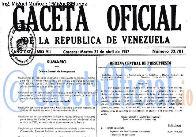 Gaceta Oficial 33701 del 21 Abril 1987