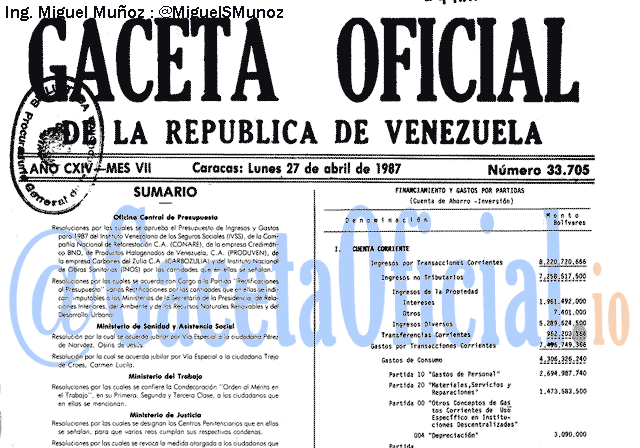 Gaceta Oficial 33705 del 27 Abril 1987