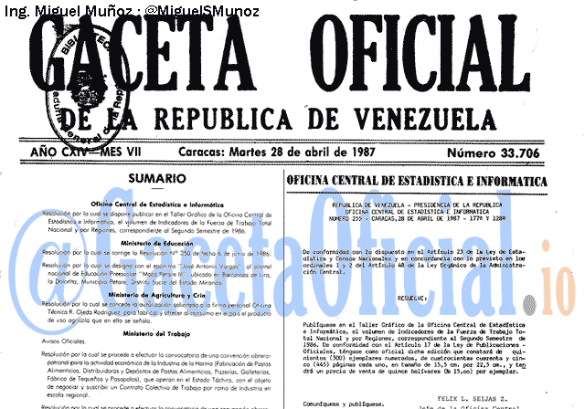 Gaceta Oficial 33706 del 28 Abril 1987