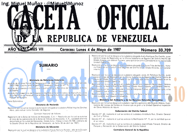 Gaceta Oficial 33709 del 4 Mayo 1987
