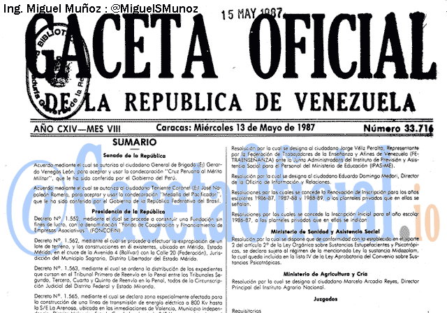 Gaceta Oficial 33716 del 13 Mayo 1987