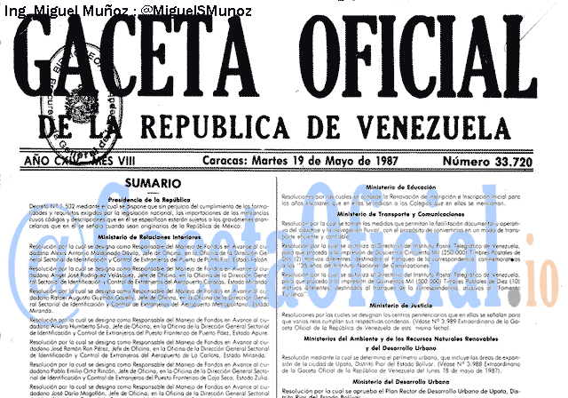 Gaceta Oficial 33720 del 19 Mayo 1987