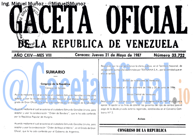 Gaceta Oficial 33722 del 21 Mayo 1987