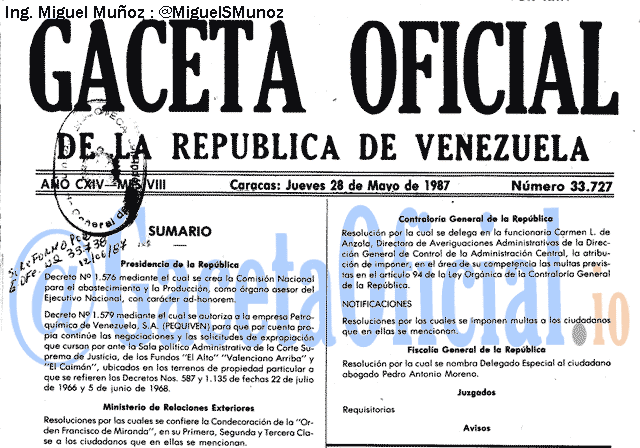 Gaceta Oficial 33727 del 28 Mayo 1987
