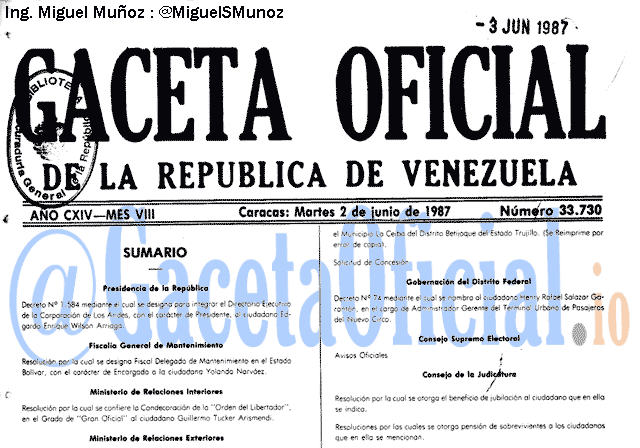 Gaceta Oficial 33730 del 2 Junio 1987