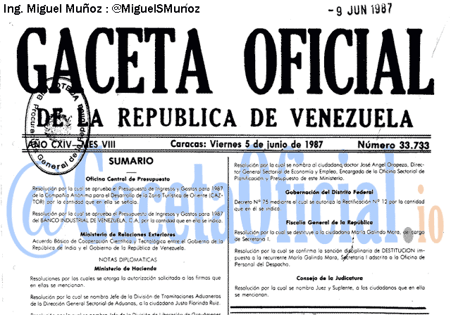 Gaceta Oficial 33733 del 5 Junio 1987