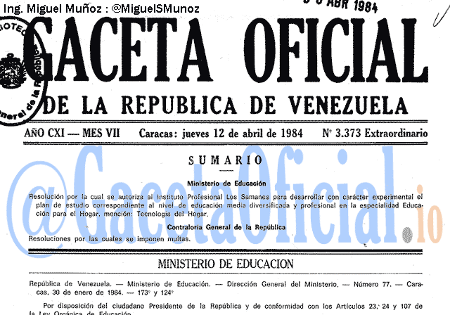 Gaceta Oficial 3373 del 12 Abril 1984