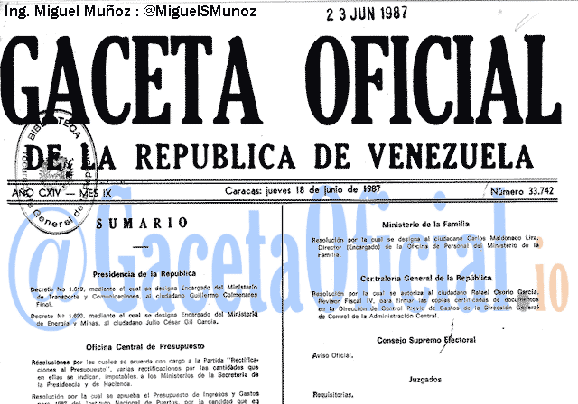 Gaceta Oficial 33742 del 18 Junio 1987
