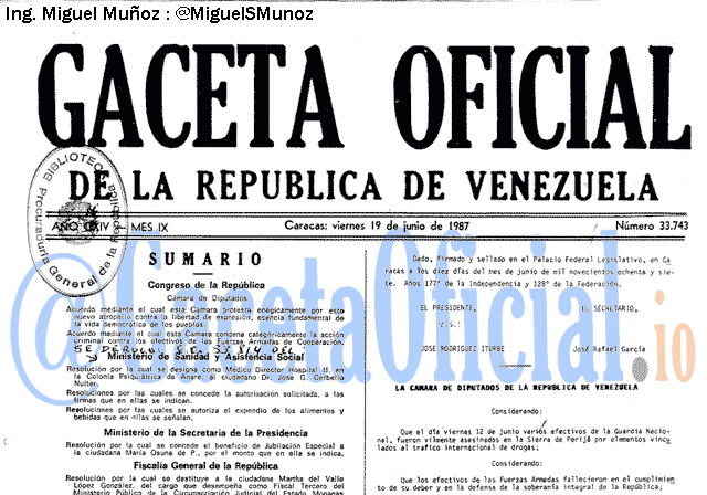 Gaceta Oficial 33743 del 19 Junio 1987