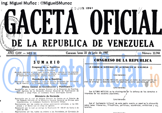Gaceta Oficial 33744 del 22 Junio 1987