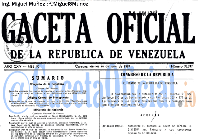 Gaceta Oficial 33747 del 26 Junio 1987