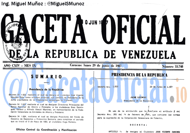 Gaceta Oficial 33748 del 29 Junio 1987