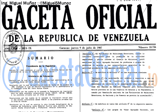 Gaceta Oficial 33756 del 9 Julio 1987