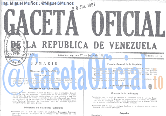 Gaceta Oficial 33762 del 17 Julio 1987