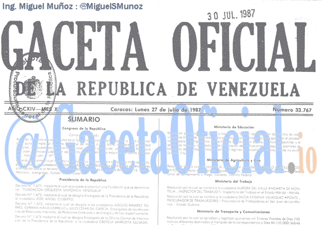 Gaceta Oficial 33767 del 27 Julio 1987
