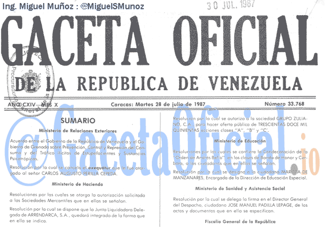 Gaceta Oficial 33768 del 28 Julio 1987