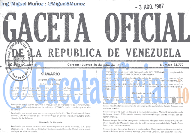 Gaceta Oficial 33770 del 30 Julio 1987