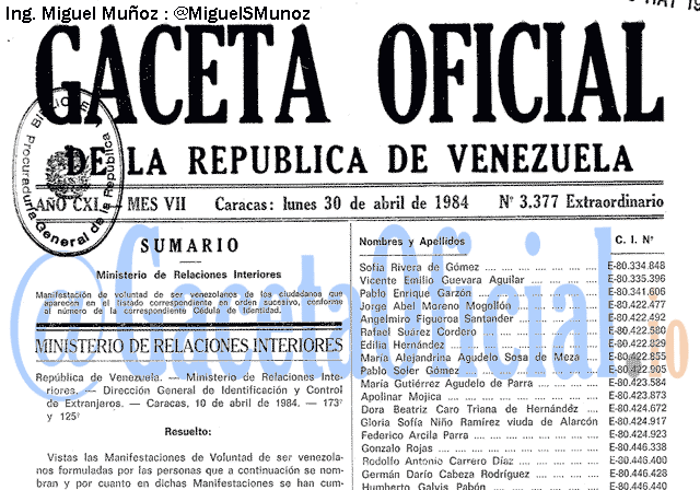 Gaceta Oficial 3377 del 30 Abril 1984