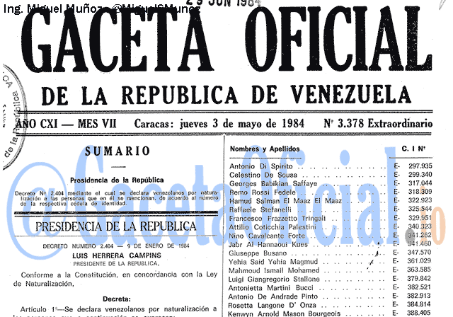 Gaceta Oficial 3378 del 3 Mayo 1984