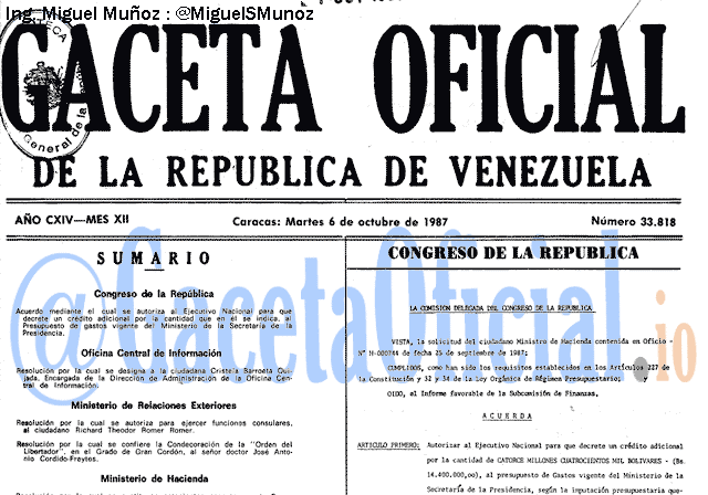 Gaceta Oficial 33818 del 6 Octubre 1987