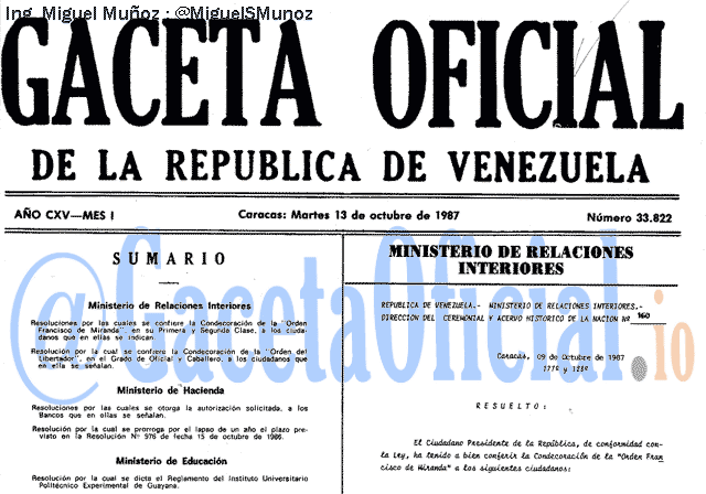 Gaceta Oficial 33822 del 13 Octubre 1987