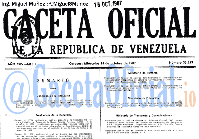 Gaceta Oficial 33823 del 14 Octubre 1987