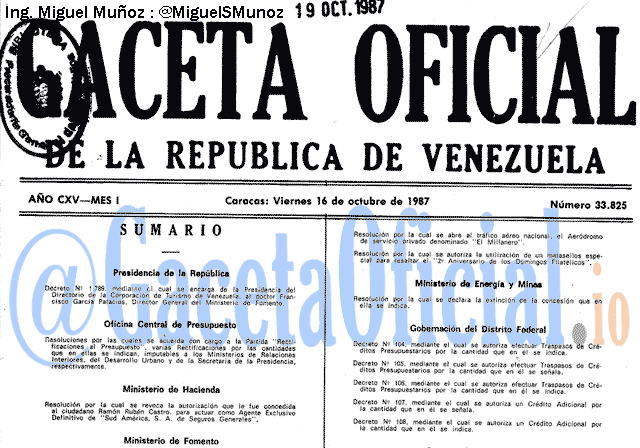 Gaceta Oficial 33825 del 16 Octubre 1987