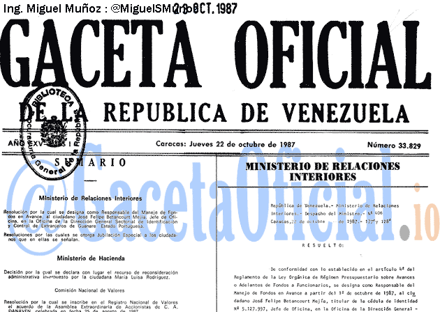 Gaceta Oficial 33829 del 22 Octubre 1987
