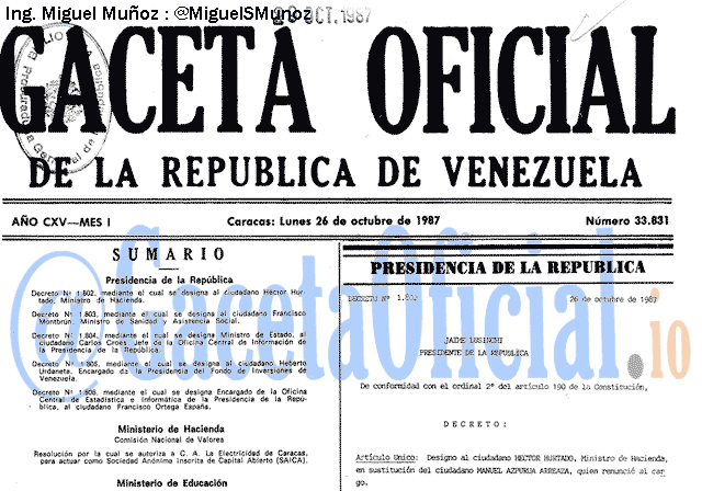 Gaceta Oficial 33831 del 26 Octubre 1987