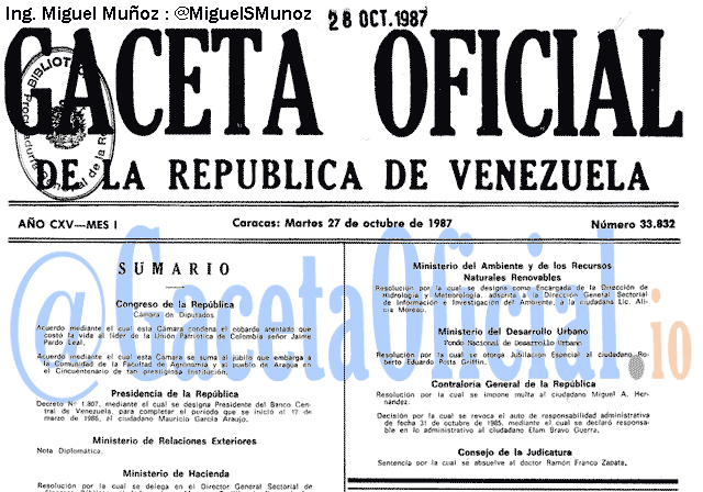 Gaceta Oficial 33832 del 27 Octubre 1987