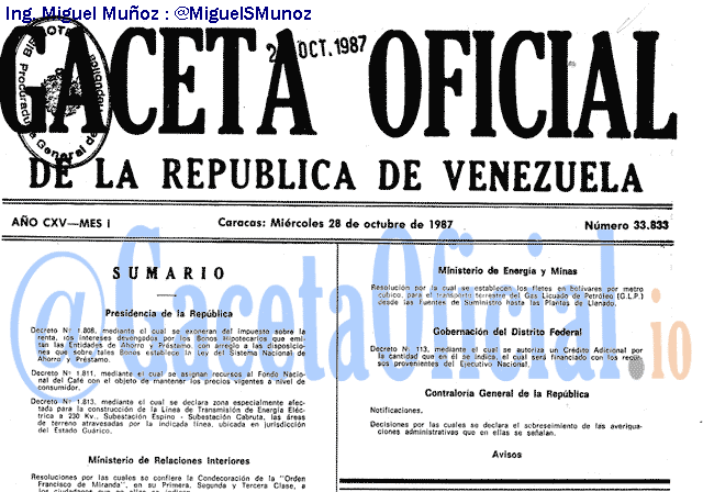 Gaceta Oficial 33833 del 28 Octubre 1987